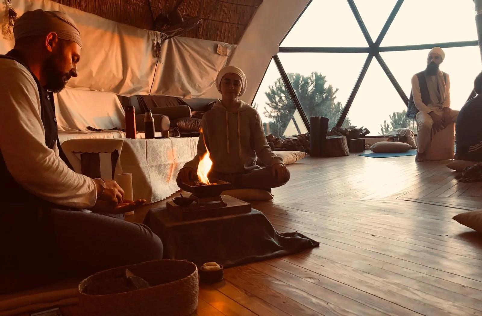 Meditation in a wooden dome yoga hall